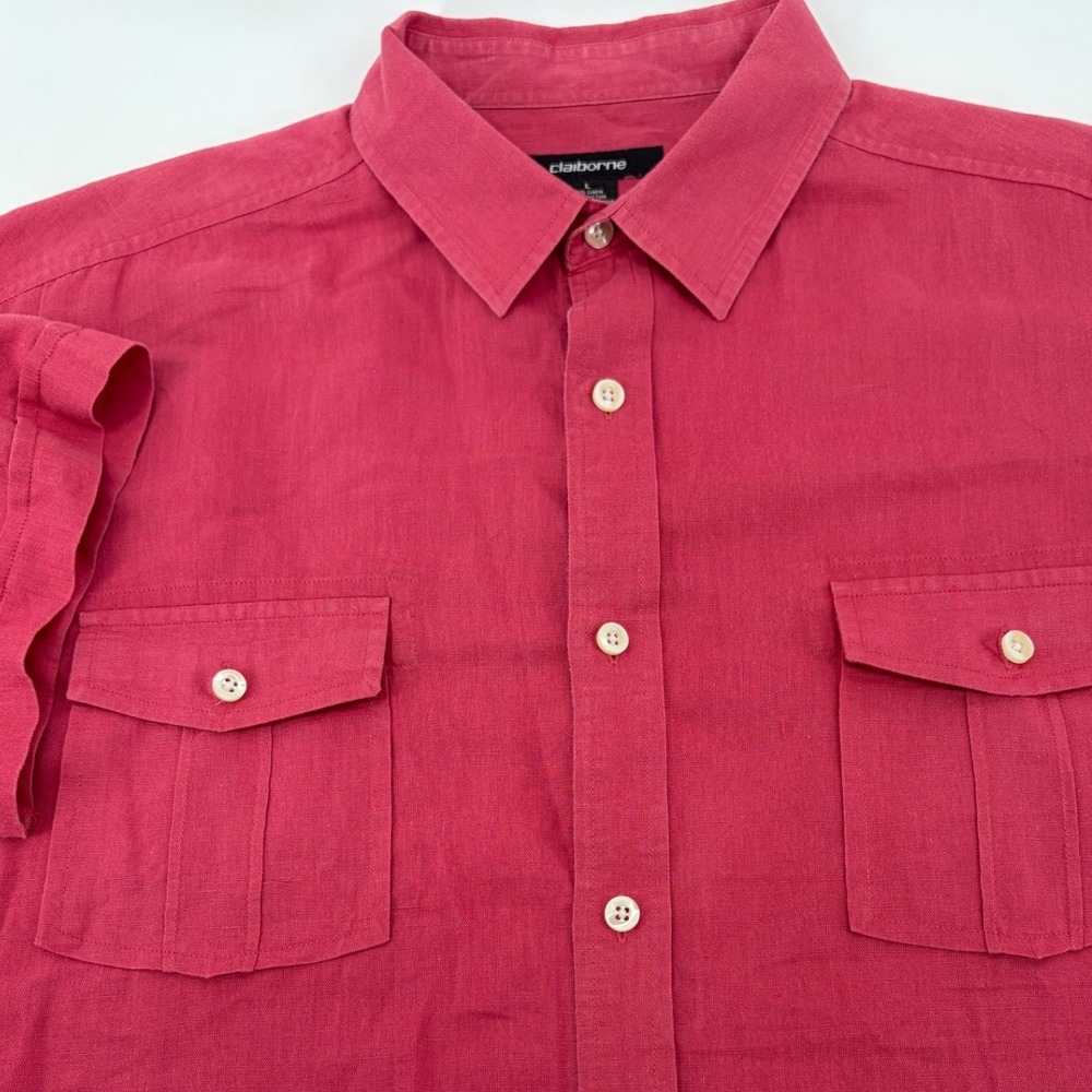 Claiborne Mens Raspberry Pink Linen Blend Short Sleeve Button Down Shirt Large